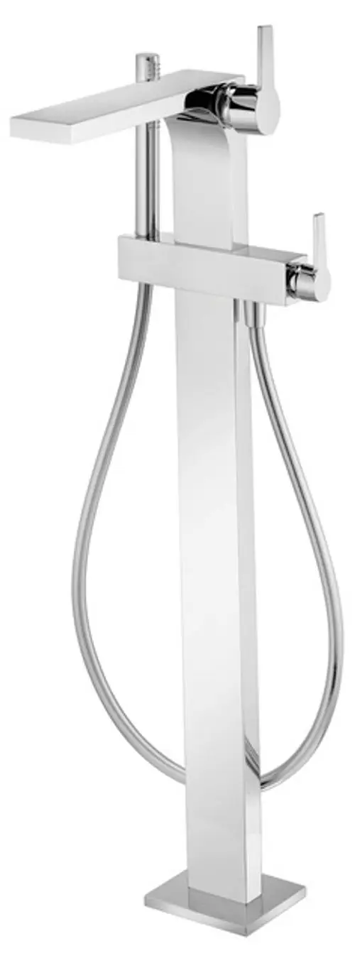 Freistehender Wannenmischer von Keuco mit verchromter Oberfläche und zwei Hebeln zur Temperatur- und Mengenregelung. Entwurf mit klaren Linien und modernem Design.